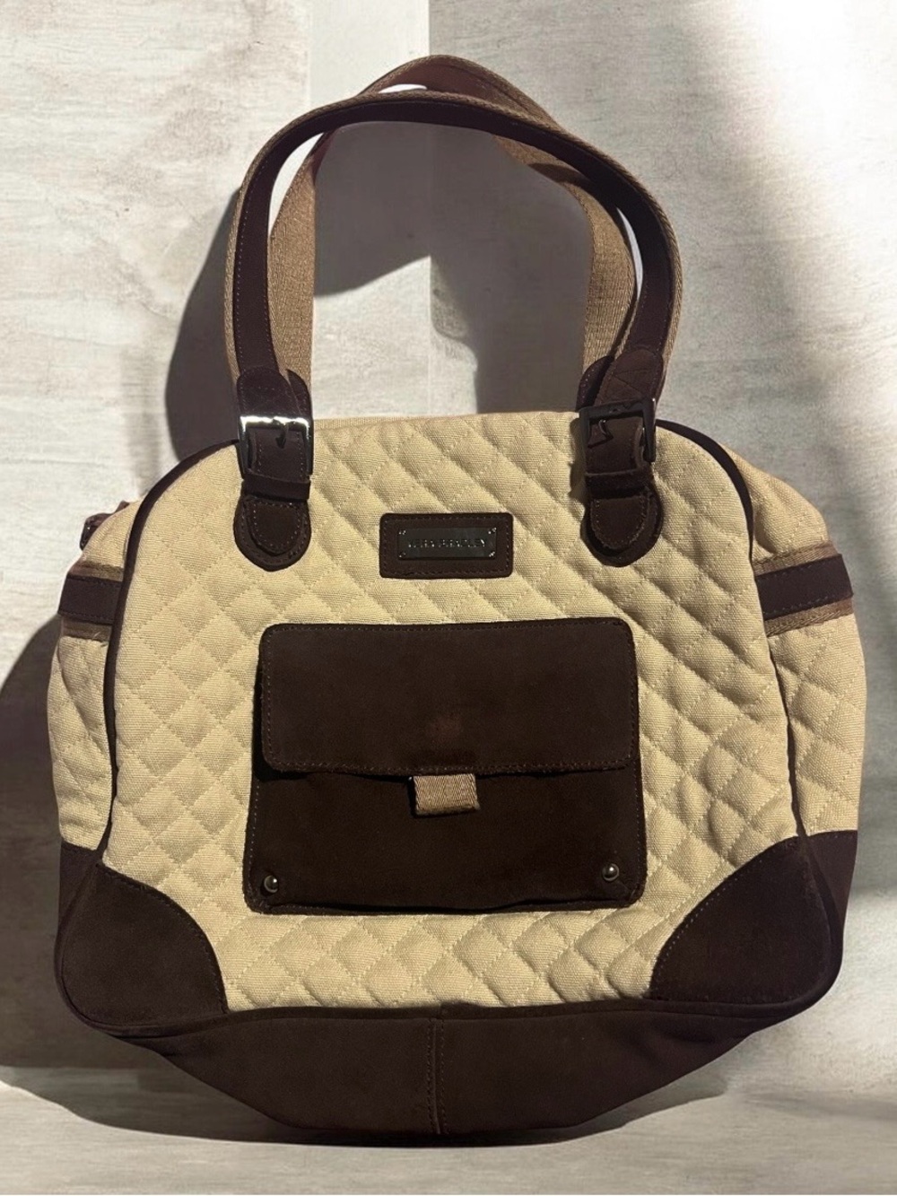 Vera Bradley quilted tan and brown bowler handbag.